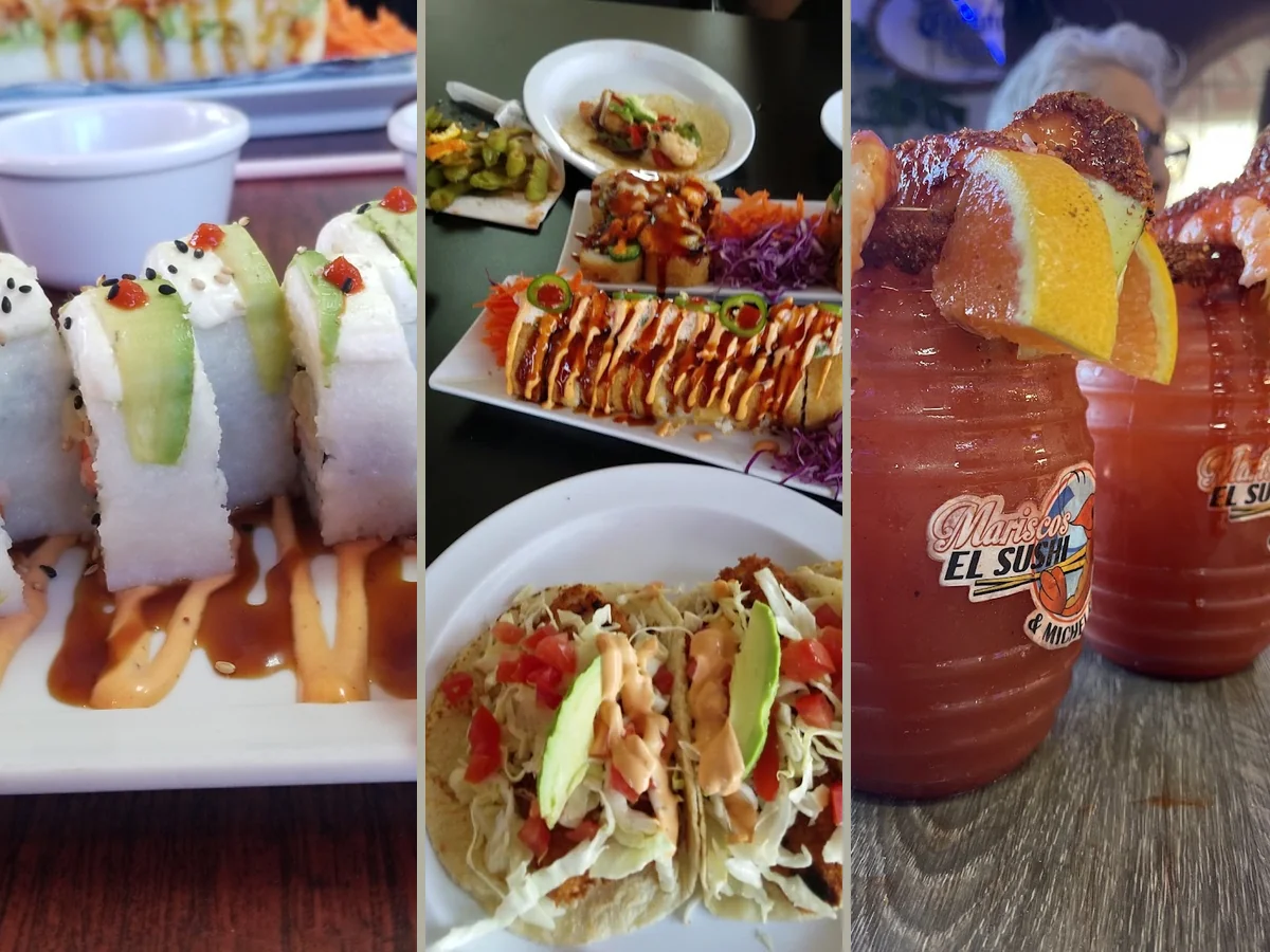 Colorful plates of Mexican seafood and sushi.