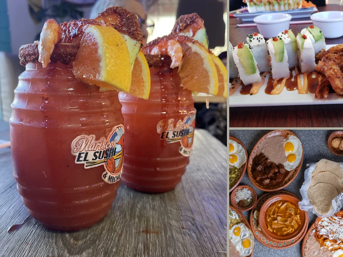 Shared plates of ceviche, tacos, and sushi rolls.