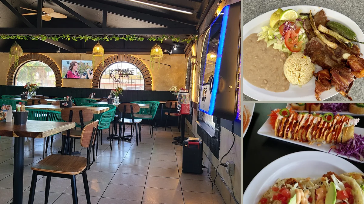 Shared plates of ceviche, tacos, and sushi rolls.