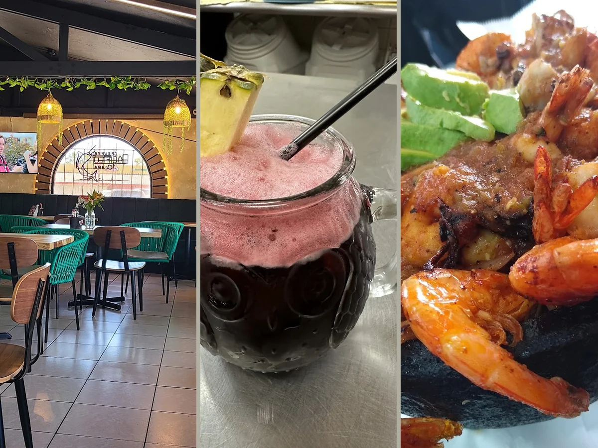 Colorful plates of Mexican seafood and sushi.